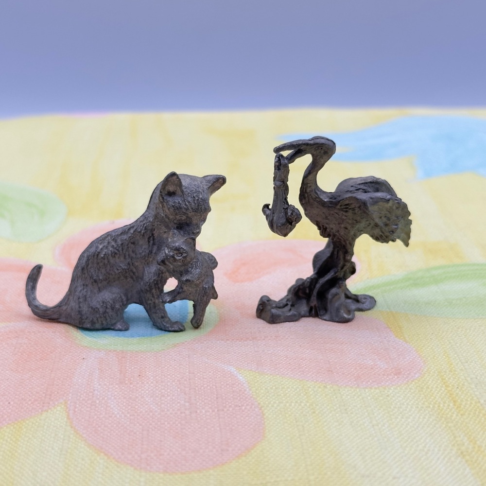 Pewter Tone Cat Kitten Stork Baby Figurine Set Gray Vintage Miniature Nursery